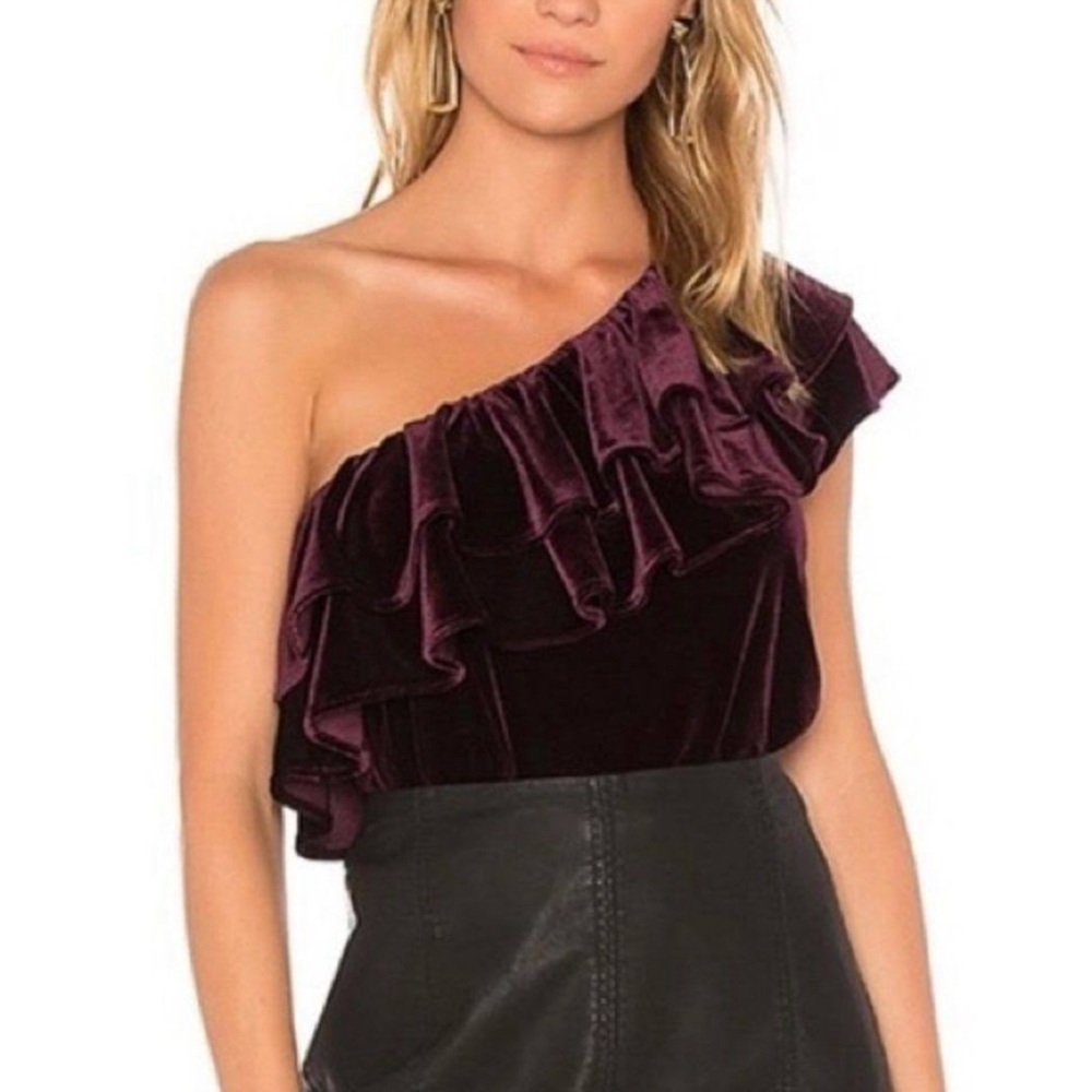 Misa Los Angeles Agus Velvet One Shoulder Top Size M Ruffles Plum Wine
